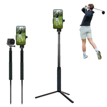 Imagem de Tripé de golfe e bastão de selfie monopé com estaca de ponta, suporte de tripé de telefone para gravação de balanço de golfe, bastão de selfie ajustável de 132 cm para auxílio de treinamento de swing