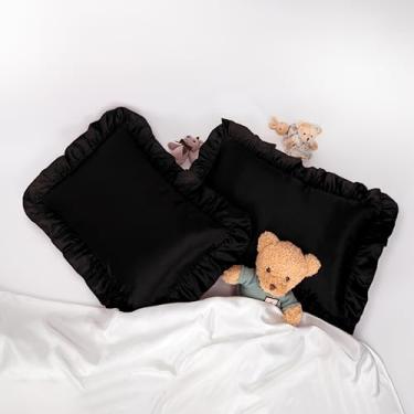 Imagem de HommxJF Fronha infantil de cetim preto 33 x 45,7 cm, respirável e refrescante com babados, conjunto de 2 fronhas com fecho de envelope