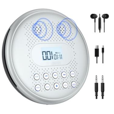 Imagem de Leitor de CD ARAFUNA portátil, leitor de CD portátil recarregável para carro com alto-falantes, leitor de CD Walkman anti-salto com botão retroiluminado, display LCD e cabo AUX