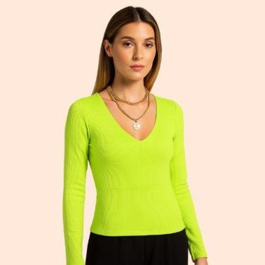 Imagem de Blusa Feminina Canelada Manga Longa Decote V Cintura Ajustada Gris- Cativa-Feminino