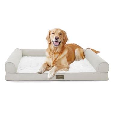 Imagem de Deconovo Cama de luxo para cães PV de veludo e linho com apoio de braço em forma de C, base antiderrapante com pontos antiderrapantes, capa lavável removível, enchimento de esponja de massagem para