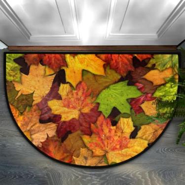 Imagem de Capacho de folhas de bordo de outono e outono, tapete de porta meio redondo antiderrapante 61 x 91 cm, tapetes de boas-vindas para porta da frente, tapete de área lavável, tapete decorativo para entrada de cozinha, interior e exterior, perfil baixo