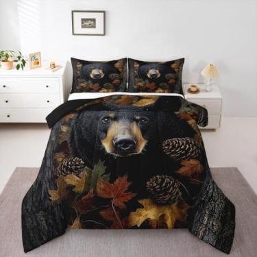 Imagem de meiyoeat Jogo de cama Queen com urso preto, ramos de árvore, para meninos, meninas, adolescentes, folhas de bordo, pinha, edredom respirável, floresta, animal, decoração de quarto