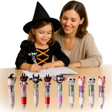 Imagem de Emotionlin 10 canetas esferográficas 4 em 1 coloridas para Halloween com contas aleatórias com desenhos de caveira fantasma de abóbora – tinta vermelha verde azul cinza – lembrancinhas de festa