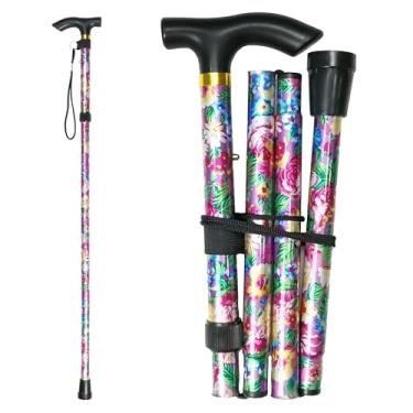 Imagem de CLOKTA Bengala dobrável, 5 níveis de altura ajustável, leve, dobrável, com alça de pulso e alça em T para homens e mulheres idosos (flores rosa grandes)