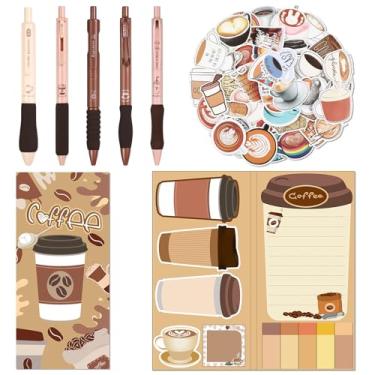 Imagem de Dunzoom 57 peças de presentes temáticos de café para amantes de café, conjunto de papelaria estético, inclui 6 peças de canetas de café de tinta preta, nota adesiva, 50 peças de adesivos, coisas fofas