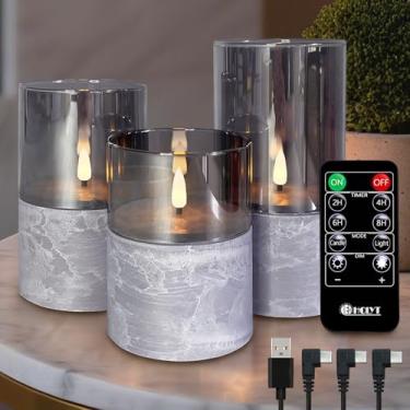 Imagem de LEDHOLYT Vela recarregável sem chama, pilar LED piscante, vela de cera real com controle remoto e temporizador, pavio simulado, vela eletrônica cinza, 1 conjunto de 3