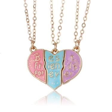 Imagem de Elefezar Colar Best Friend para 3 amizades combinando coração dividido triplo magnético BFF joia presente, Metal, Zircônia cúbica