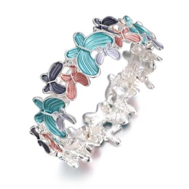 Imagem de LUREME Pulseira elástica vintage de borboleta esmaltada – Pulseira elástica boho colorida ajustável para mulheres (bl003620), One Size, Liga de aço, Sem Pedra Preciosa