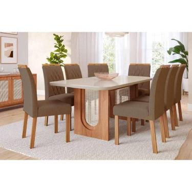 Imagem de Conjunto Mesa Valentina Tampo Madeirado c/ Vidro 210x100cm e 8 Cadeiras Juliana Cinamomo/Off White - Madeirado/Suede Jo-Cimol