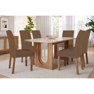 Imagem de Conjunto: Mesa de Cozinha Valentina Tampo Madeirado c/ Vidro 180x90cm e 6 Cadeiras Maia Cinamomo/Off White - Suede Mascavo Chocolate - Cimol