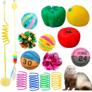 Imagem de Conjunto de 14 peças de brinquedos barulhentos para furões, bolas de borracha, furões, bolas de mastigar para dentição, bola de sino saltitante, brinquedo interativo para exercícios, arranhão