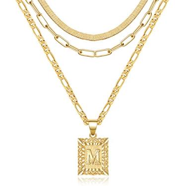 Imagem de KissYan Conjunto de colar em camadas de ouro para mulheres, banhado a ouro 14 K com pingente de letra inicial e clipe de papel, gargantilha de cobra e alfabetos de A-Z Fígaro, colar de corrente de