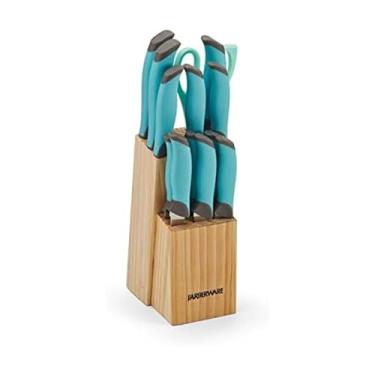 Imagem de Farberware Conjunto de bloco de facas de talheres com cabo macio, 14 peças, água-marinha e cinza