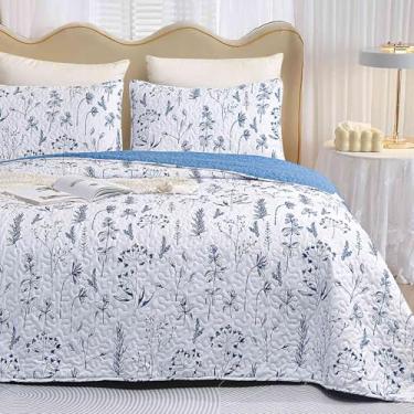 Imagem de Nanko Conjunto de colcha King Size 3 peças, colchas de primavera de folhas florais azuis e brancas, colchas de cama macias e leves, conjunto de cama com edredom acolchoado fino para mulheres e meninas