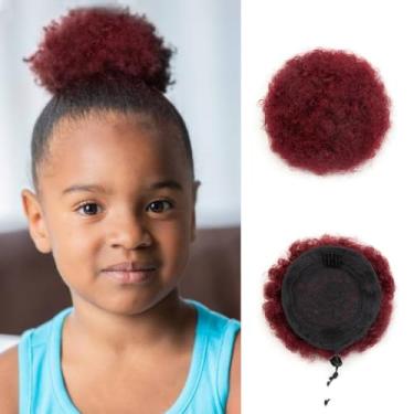 Imagem de Boymia Afro Puff 4 polegadas #BURG Borgonha Afro Kinky Curly Hair Bun 100% cabelo humano Remy super macio brilhante clipe em cordão crespo rabo de cavalo cacheado coque cabelo crespo coque crespo