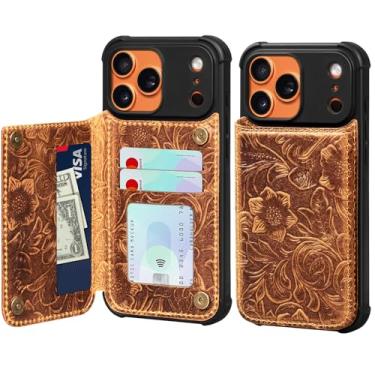 Imagem de RMAWRAD Capa carteira de couro real compatível com iPhone de 6,9 polegadas, couro legítimo, à prova de choque, capa anti-queda, capa flip, com compartimento para cartão, fivela magnética dupla