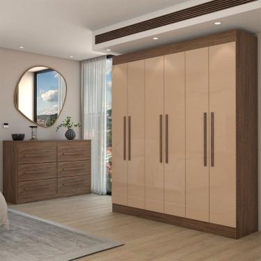 Imagem de Guarda-Roupa Casal Europa 6 Portas 2 Gavetas e Cômoda 6 Gavetas 100% Mdf Castanho - Panorama Móveis