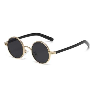 Imagem de HPIRME Óculos de sol redondos pequenos retrô de metal punk femininos, lentes transparentes, armação masculina, óculos de sol UV400 (dourado, preto e cinza)