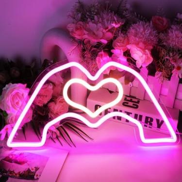 Imagem de SINTENILL Luz de letreiro neon com mãos de coração, sinais de luz neon rosa para decoração de parede estética, regulável e alimentada por USB para quarto de meninas, quarto, sala de estar, decoração