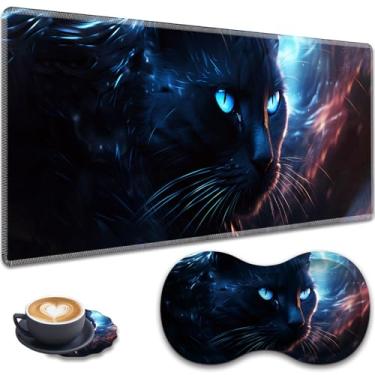Imagem de Mouse pad grande para jogos + descanso de pulso + porta-copos de renda, conjunto antiderrapante, com bordas costuradas e tapete de mesa expansível à prova d'água, adequado para escritório/casa, gato