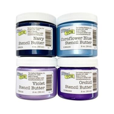 Imagem de The Crafter's Workshop Manteiga de estêncil média, fácil de espalhar, adiciona brilho, brilho e textura colorida, limpa com água, pacote com 4, 59 ml cada, Blueberry Meadow