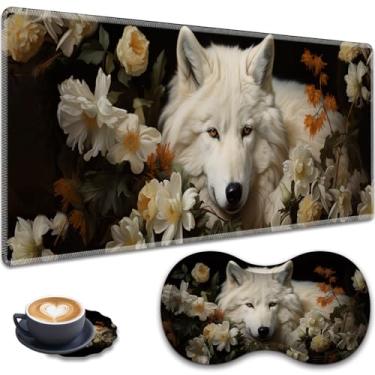 Imagem de Mouse pad grande para jogos + descanso de pulso + porta-copos de renda, conjunto antiderrapante, com bordas costuradas e tapete de mesa expansível à prova d'água, adequado para escritório/casa, flores