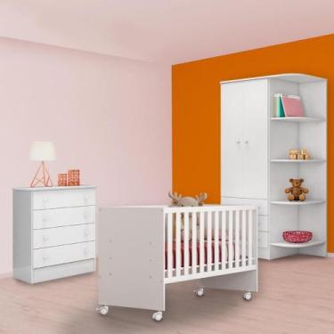 Imagem de Quarto Infantil Berço Retro, Guarda Roupa e Cômoda Branco - Qmovi