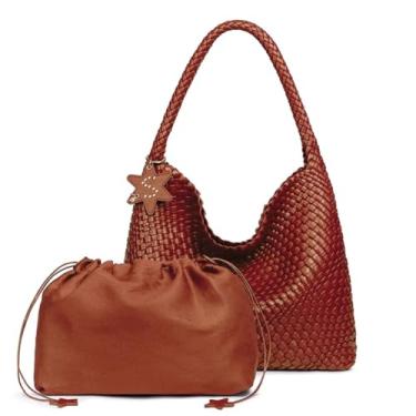 Imagem de ALWY Bolsa Feminina Grande Couro Tressê Sintético Reforçado Impermeável Tiracolo, Bolsa Hobo, Couro PU (Marrom)