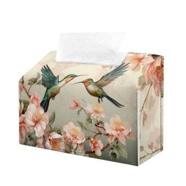 Imagem de Annejudy Capa de caixa de lenços com estampa de flores de beija-flores toalhas de mão de papel descartáveis de couro PU com gancho e laço organizador de caixa de lenços para casa, carro, hotel