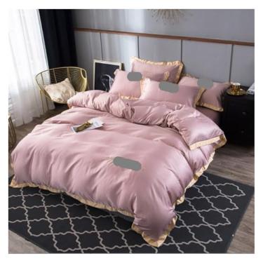 Imagem de ZDJZMGZ Conjunto de edredom Queen 4 peças, conjunto de cama de cetim sem costura, capa de edredom dupla para casa de hotel, roupa de cama completa macia (rosa, 1,8 m)