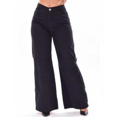 Imagem de Calça Jeans Feminina Wide Leg Lisa Preta  Cintura Alta  Modelagem Pant