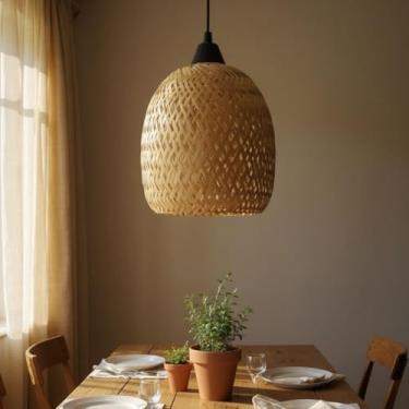 Imagem de Luminária de Teto Lustre Pendente Bambu Aruba Rústico 23x27cm Vime Rattan Trançado Fee Utilidades