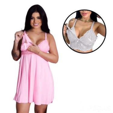 Imagem de Kit Maternidade Camisola Amamentação Sutiã Renda Gestante Confortável 