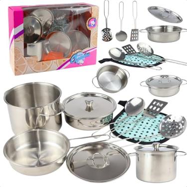 Imagem de Brinquedo Educativo Infantil De Panelinhas Inox Com Utensílios Que Estimulam Coordenação Motora Criatividade E Imaginação Material Verdadeiro Seguro E Durável Para Brincar E Aprender