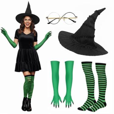 Imagem de Cylanta 6pcs Halloween Witch wicked Costume Set, Elphaba Hat, Green Claw Gloves, Striped Socks & Glasses, Dress-Up Accessories for Woman Movie Cosplay Props Role Playing Party