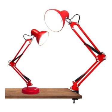 Imagem de Luminária de Mesa Articulada com Garra e Base Abajur para Escritório Quarto e Estudo Preto Branco ou Rosa Bivolt 110V/220V (Vermelha 65cm)