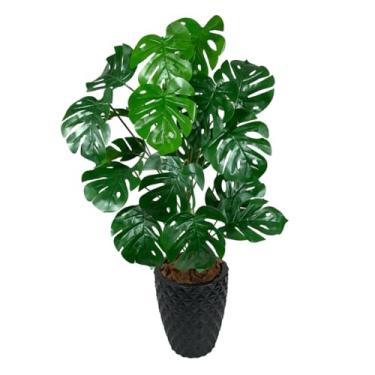 Imagem de Planta Artificial Costela de Adão com Vaso de Polietileno e Casca de Pinus – Folhagem Realista para Decoração de Sala(Vaso Preto + Adão)