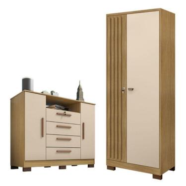 Imagem de Comôda Madri Com Armário Multiuso Versátile Carvalho Americano Off White - Incorplac