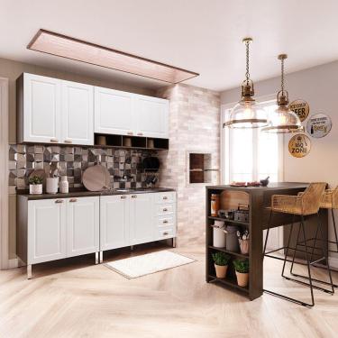 Imagem de Armário De Cozinha Compacta 4 Peças E Bancada Gourmet Safira Luciane Móveis Nogueira Dourado Com Branco Pet