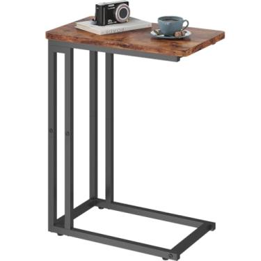 Imagem de Yusong Mesa de canto em forma de C – Deslize sob sofá-cama, mesa pequena para espaços pequenos, sobrecama skinny, mesa de lanche de café para sala de estar, marrom rústico
