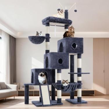 Imagem de Hey-brother Torre de árvore para gatos, postes para arranhar com 3 condomínios, cesta grande, cama aconchegante, tábua de sisal, caminho de escalada passo a passo e brinquedos, móveis de 190 cm para