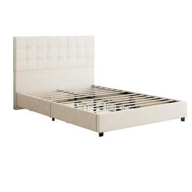 Imagem de Mbeysaq Estrutura de cama estofada de tamanho completo com cabeceira de canal vertical e 4 gavetas de armazenamento, cama moderna com suporte de ripas de madeira, montagem fácil sem necessidade de