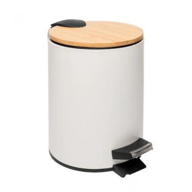 Imagem de Lixeira redonda de metal com pedal e tampa em bambu branca 5l - LYOR