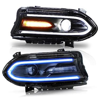 Imagem de VLAND Faróis de LED RGB compatíveis com Dodge Charger 2015-2023 (não serve para modelos Xenon) com projetor com feixe duplo com Halo DRL RGB multicolorido, lado do passageiro e do motorista