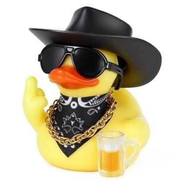 Imagem de BOZILY Decorações de pato de borracha caubói ocidental com caneca de cerveja, chapéu e óculos de sol – Acessórios caprichosos para painel de carro, ornamentos engraçados de mesa de escritório