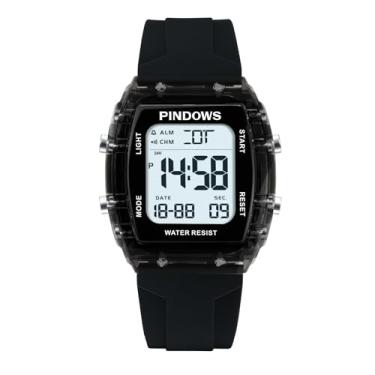 Imagem de PINDOWS Relógio esportivo digital feminino, caixa transparente transparente, luz LED brilhante, resistente à água de 5 ATM, cronômetro, alarme de tempo duplo, relógio elegante para mulheres e