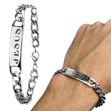 Imagem de Pulseira Masculina Jesus Cristo Prata Aço Inox Social Casual Ajustavel