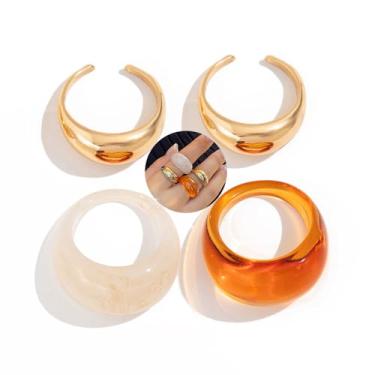 Imagem de Conjunto de 4 anéis grossos e coloridos de resina para mulheres, moderno, arco-íris, acrílico, vintage, dourado, plástico, articulação, joias, acessórios empilháveis, 8, Resina, Sem pedra preciosa