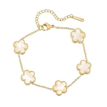 Imagem de Pulseira feminina de trevo banhada a ouro 18K - Pulseira de flores de quatro folhas de aço inoxidável impermeável - Presente de joia delicada ajustável, One Size, Aço inoxidável, Sem Pedra Preciosa